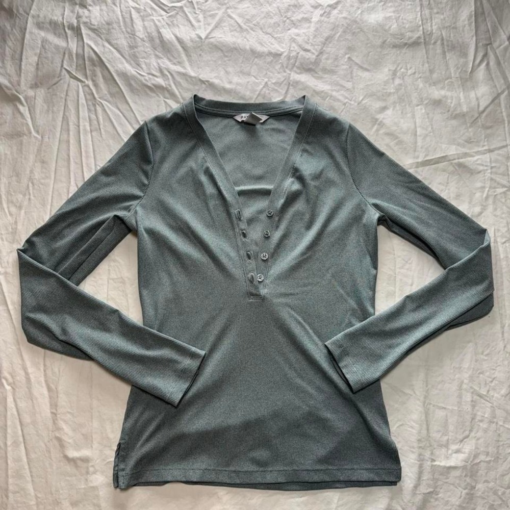 Athleta Uptempo Ribbed Henley Top Green Long Sleeve Shirt Thumbholes Womens S